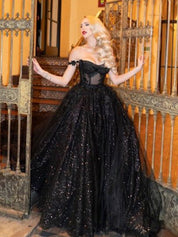 A - Line Black Gothic Wedding Dresses with Sequin Lace Appliques - KissProm