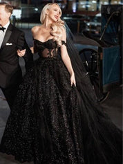 A - Line Black Gothic Wedding Dresses with Sequin Lace Appliques - KissProm