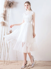 White A-Line Illusion Neck Tea-Length Tulle Prom Dress with Ruffled Lace Overlay