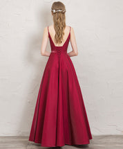A-Line Burgundy V-Neck Floor-Length Satin Prom Dress with Draped Waist Detail