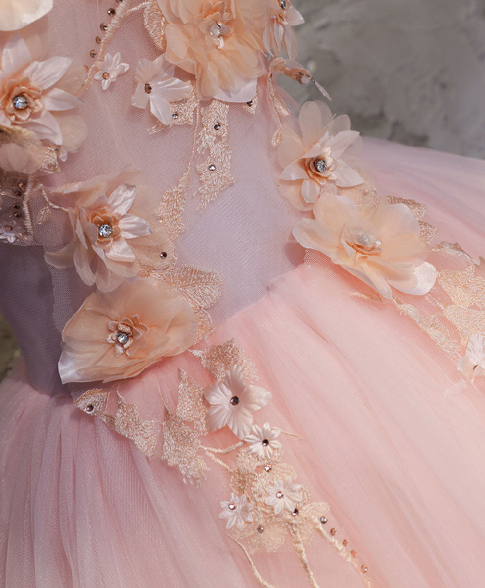 Ball Gown Scoop Neck Floor-Length Blush Tulle Prom Dress with 3D Floral Lace Appliqué