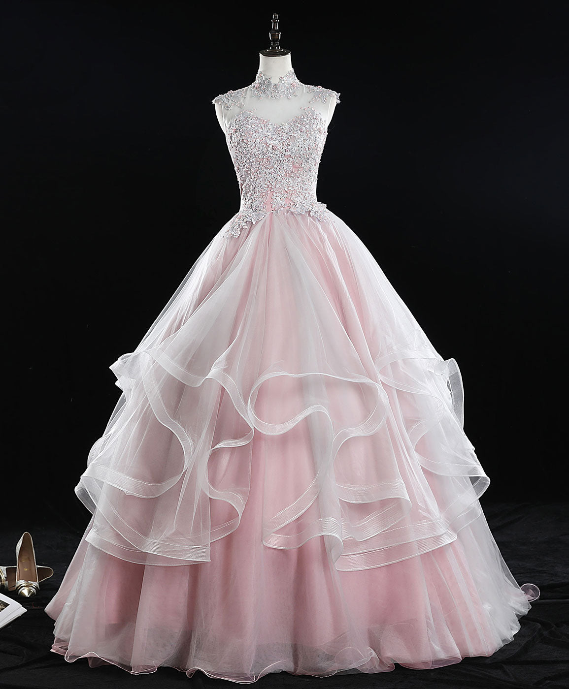 A-Line Blush Pink Illusion Neck Floor-Length Tulle Lace Prom Dress with Tiered Ruffle Skirt