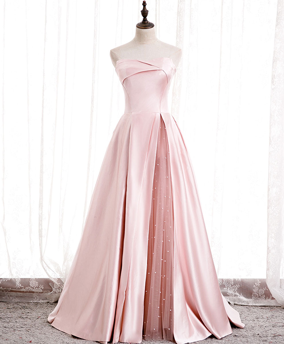 A-Line Strapless Floor-Length Blush Satin Prom Dress with Pleated Overlay and Pearl Tulle Slit