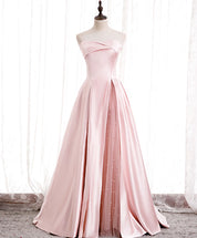 A-Line Strapless Floor-Length Blush Satin Prom Dress with Pleated Overlay and Pearl Tulle Slit