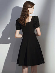 A-Line Square Neck Knee-Length Black Chiffon Homecoming Dress with Puff Sleeves