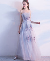A-Line Sweetheart Strapless Floor-Length Light Blue Tulle Lace Appliqué Prom Dress