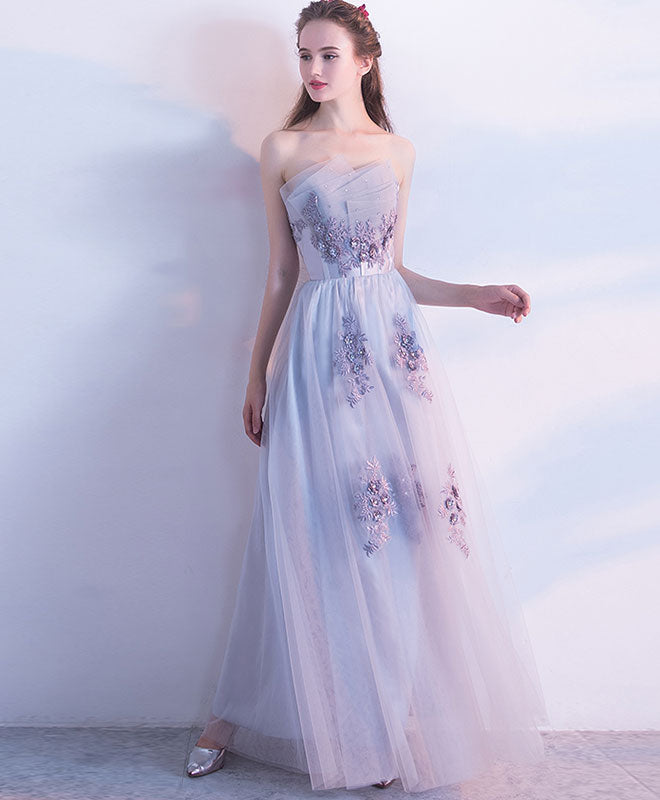 A-Line Sweetheart Strapless Floor-Length Light Blue Tulle Lace Appliqué Prom Dress