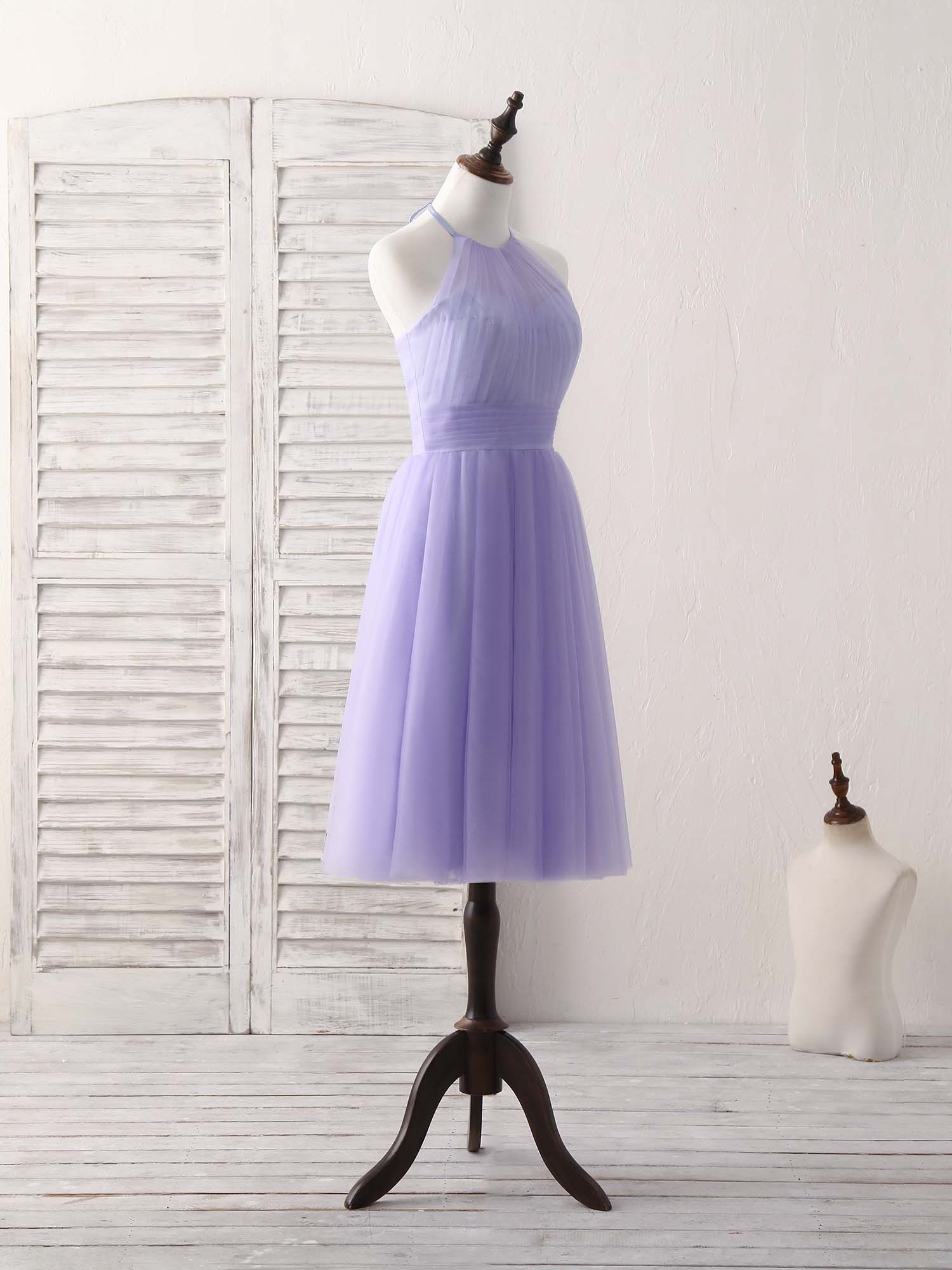 A-line Halter Neck Tea-Length Tulle Homecoming Dress with Ruched Waist