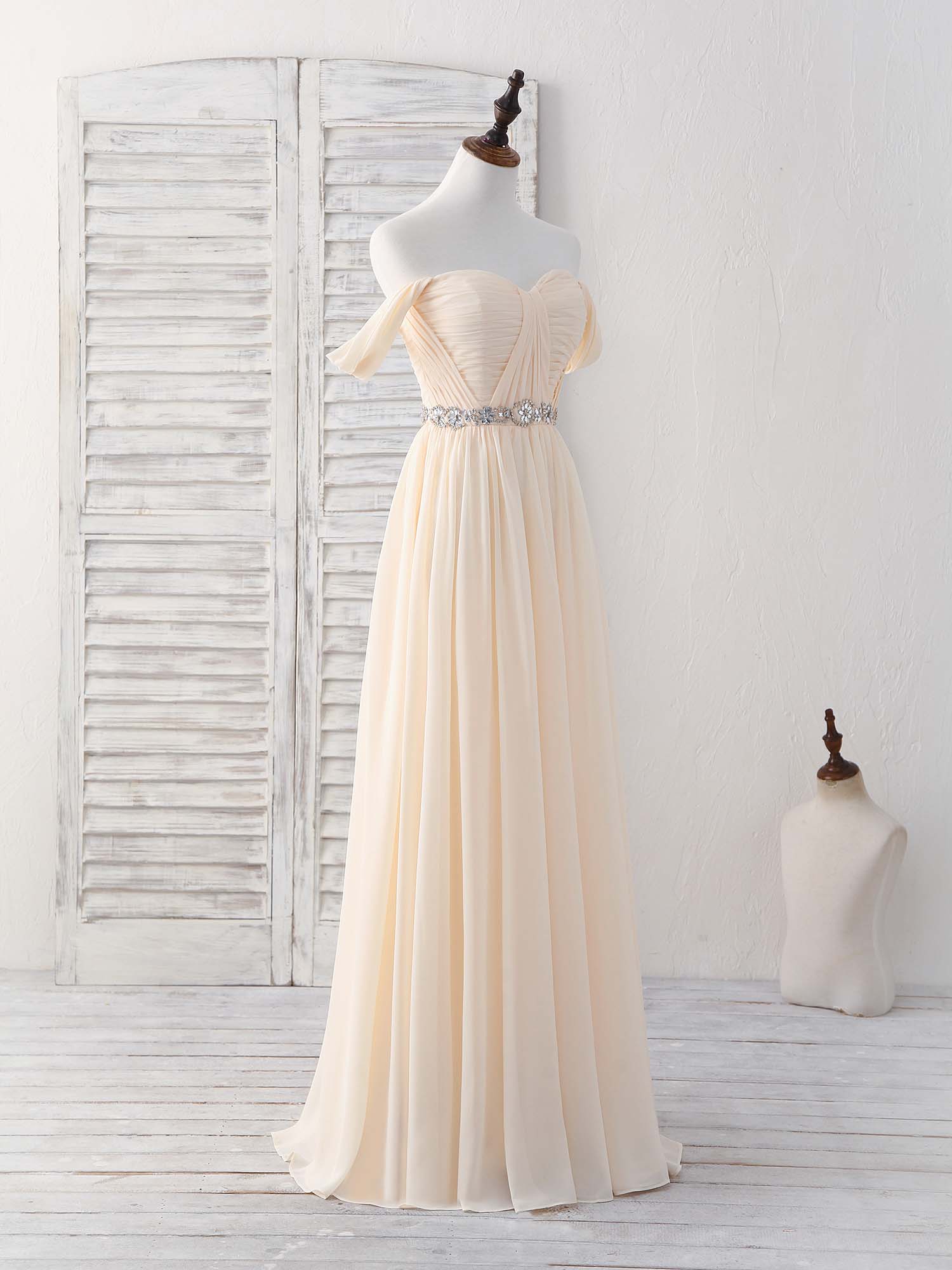 A-line Off-the-Shoulder Floor-Length Chiffon Prom Dress with Beaded Waistband
