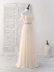 A-line Off-the-Shoulder Floor-Length Chiffon Prom Dress with Beaded Waistband