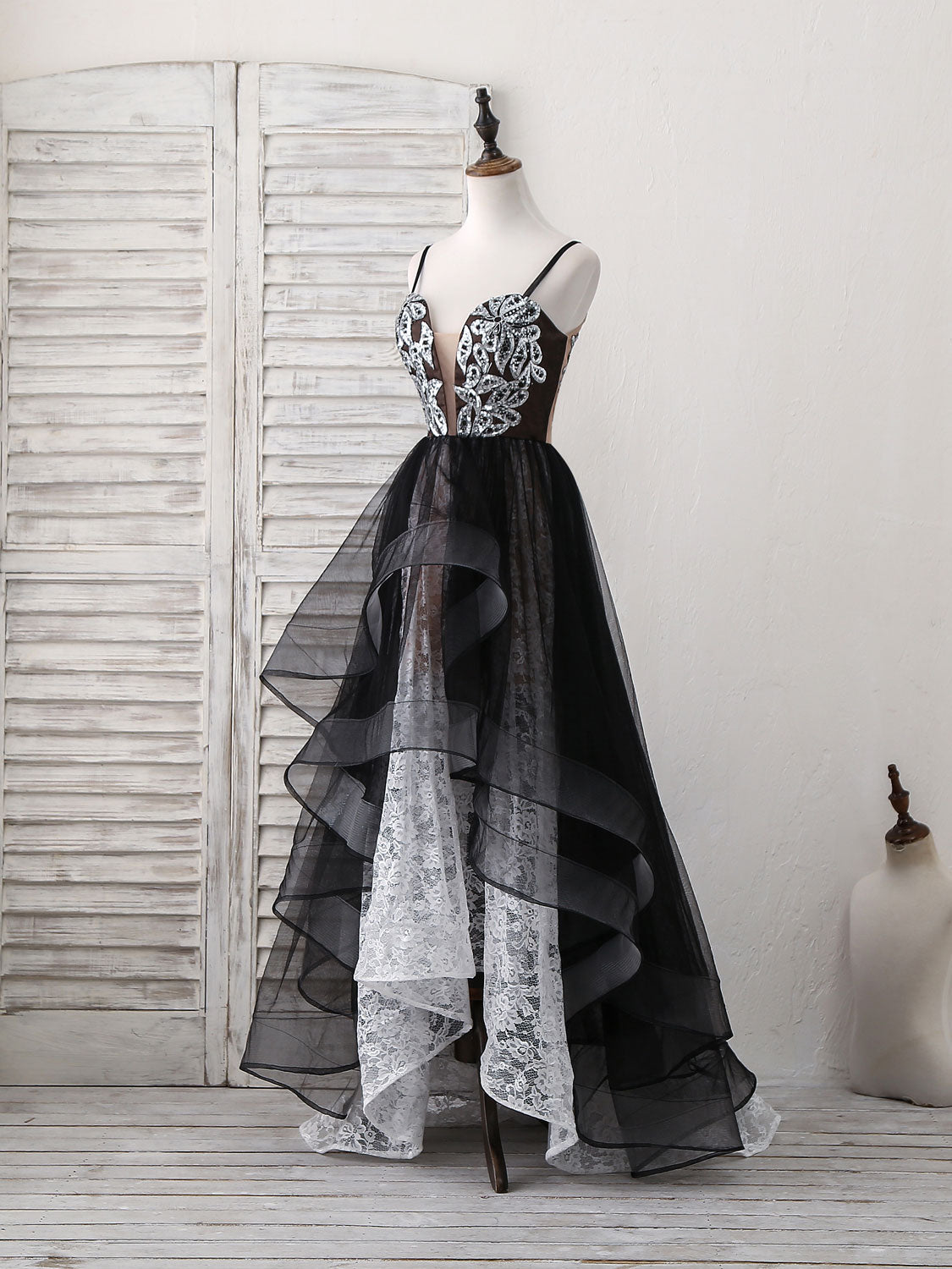 Tulle and Lace Two-Tone A-Line Floor-Length Prom Dress with Beaded Bodice