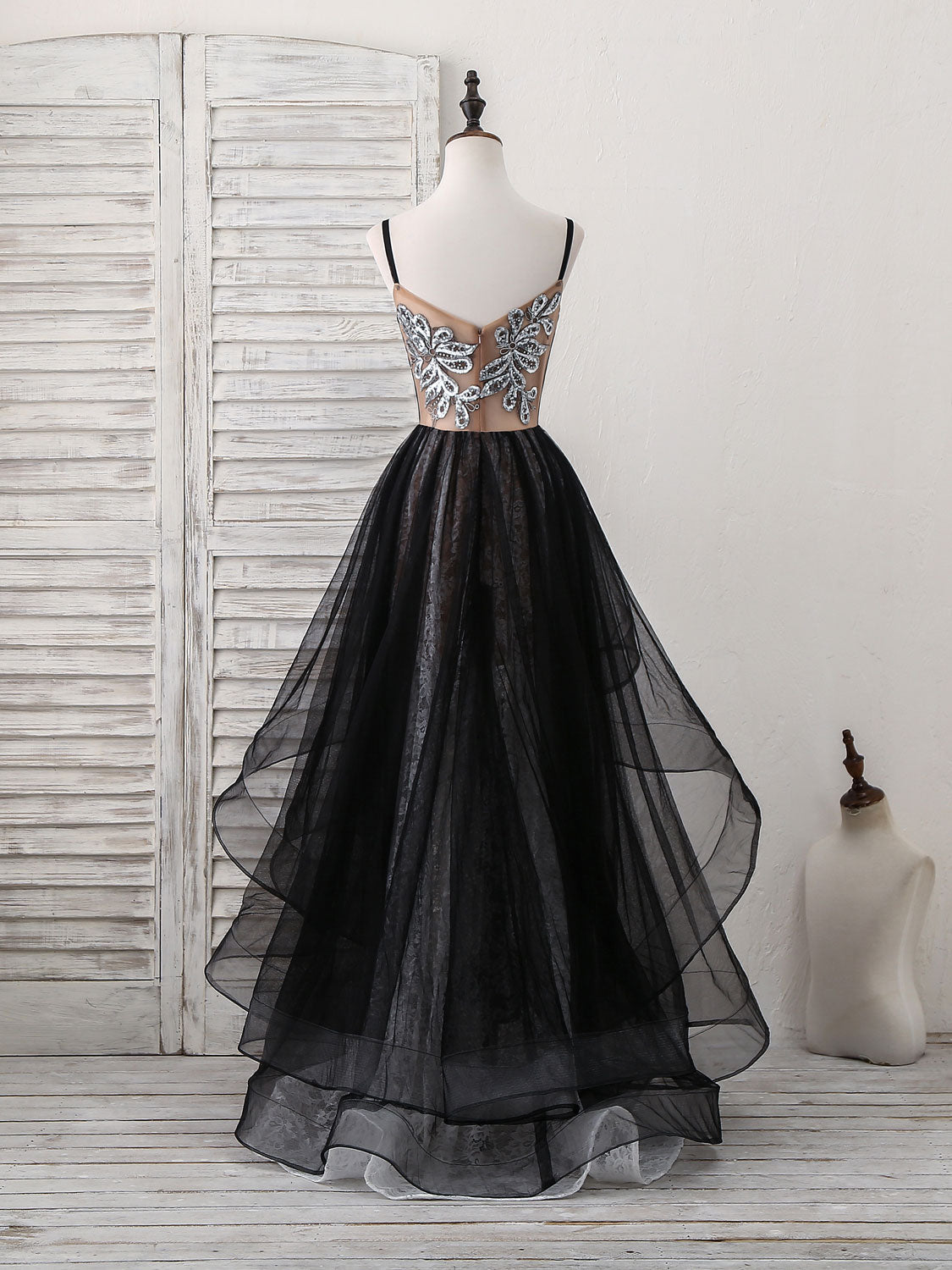 Tulle and Lace Two-Tone A-Line Floor-Length Prom Dress with Beaded Bodice