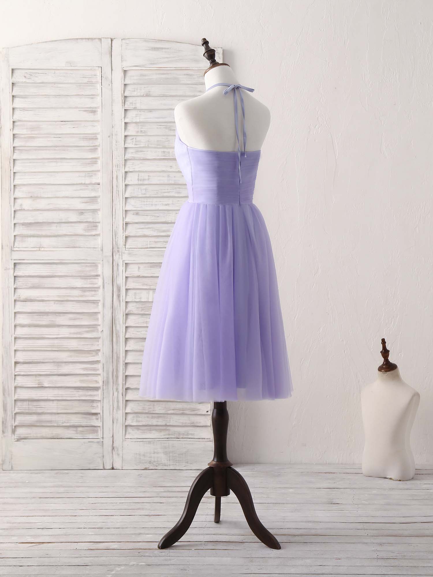 A-line Halter Neck Tea-Length Tulle Homecoming Dress with Ruched Waist