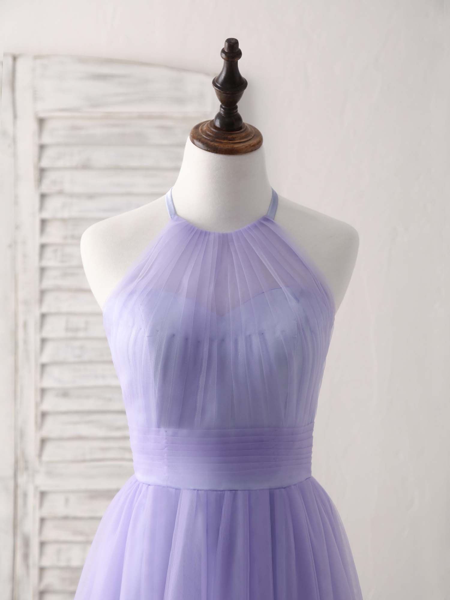 A-line Halter Neck Tea-Length Tulle Homecoming Dress with Ruched Waist
