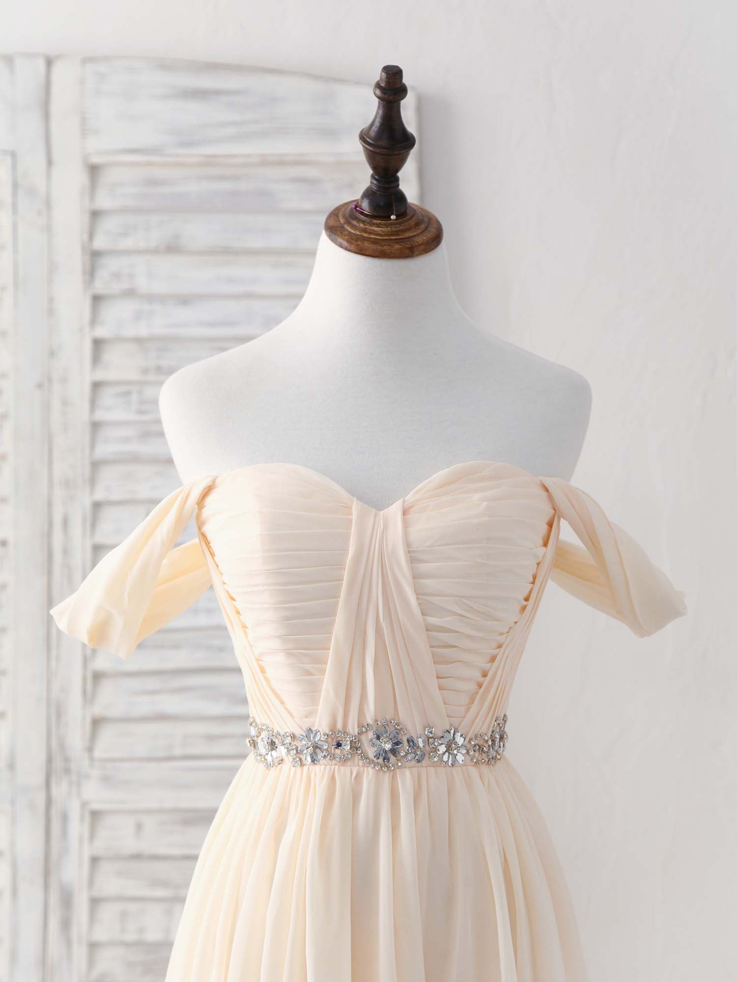 A-line Off-the-Shoulder Floor-Length Chiffon Prom Dress with Beaded Waistband