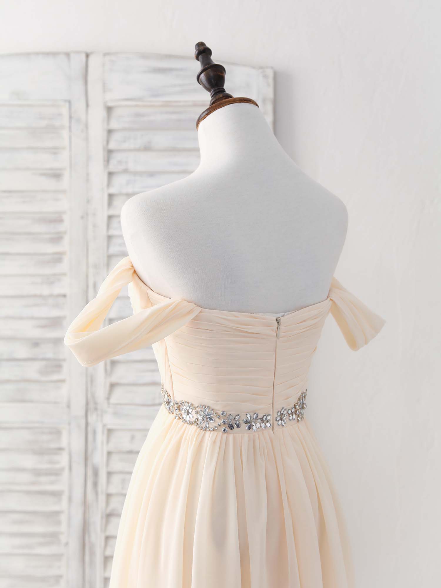 A-line Off-the-Shoulder Floor-Length Chiffon Prom Dress with Beaded Waistband