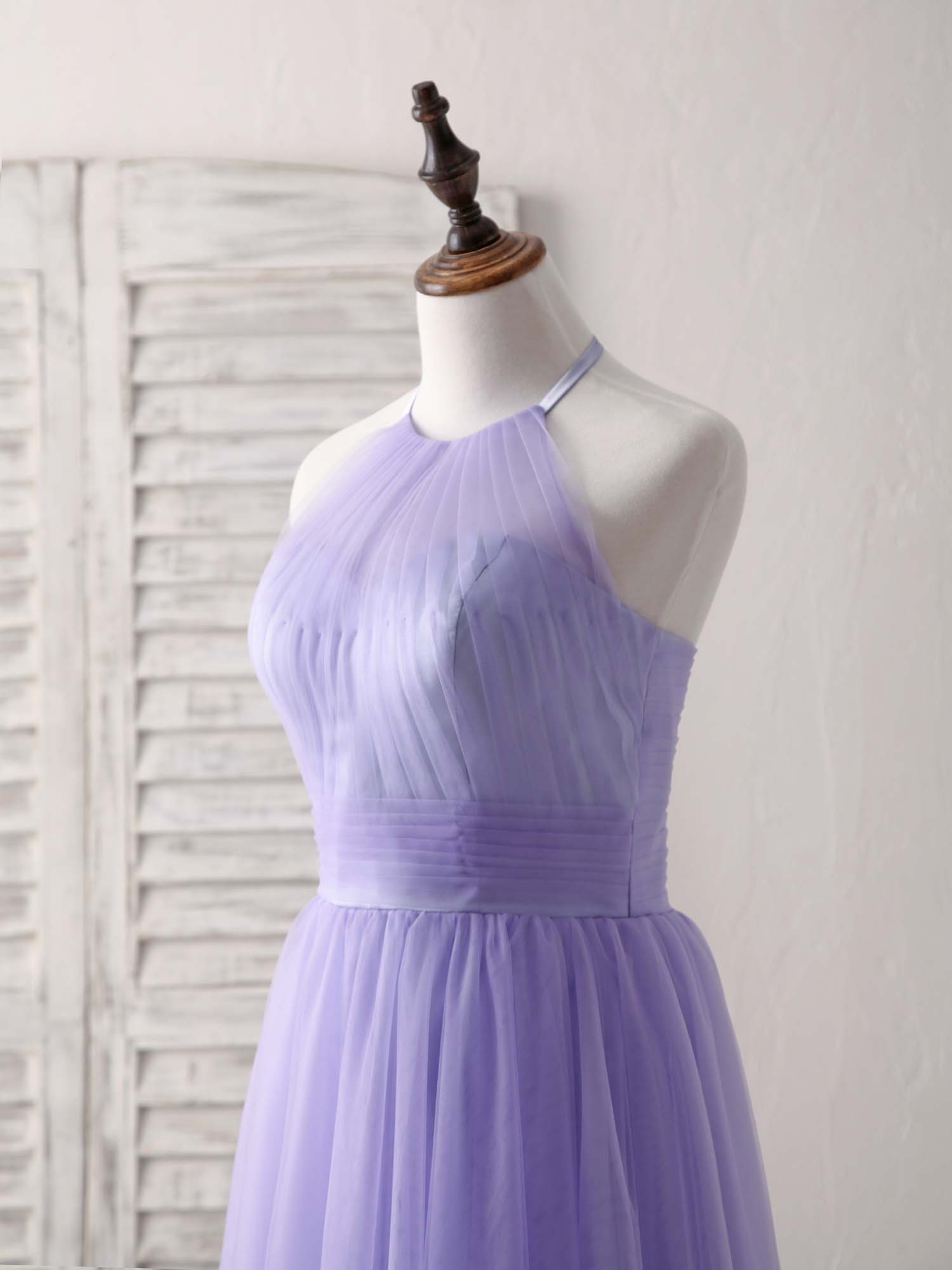 A-line Halter Neck Tea-Length Tulle Homecoming Dress with Ruched Waist
