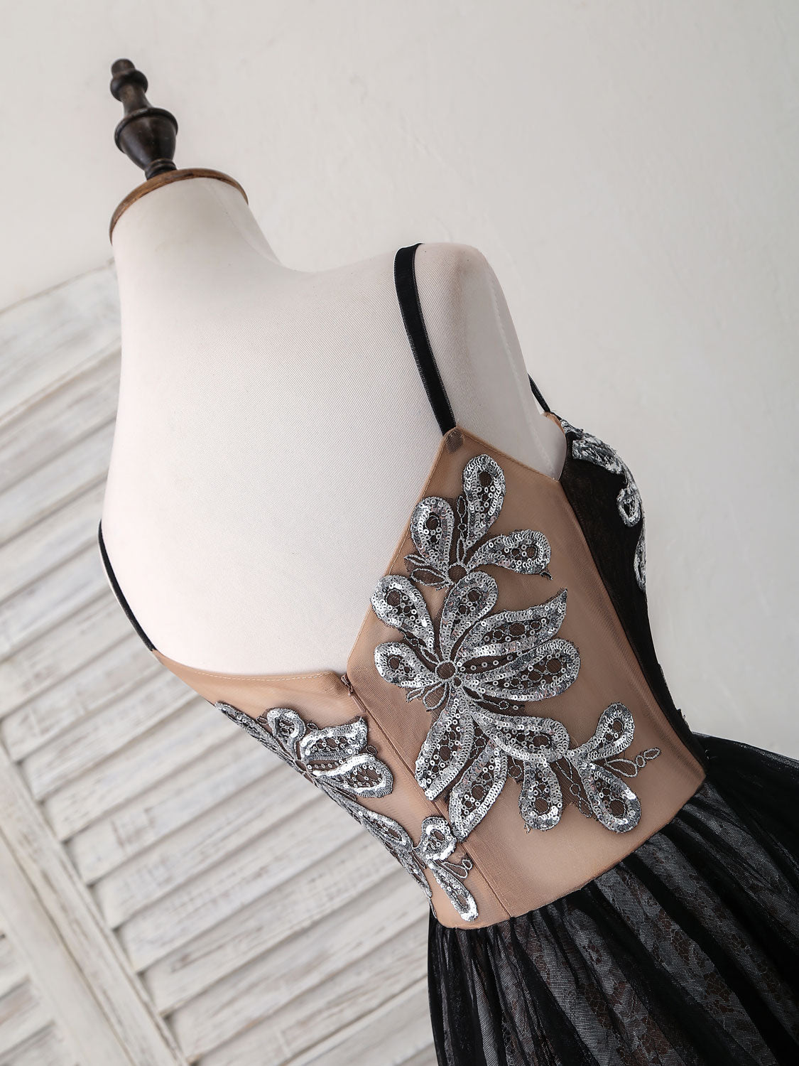 Tulle and Lace Two-Tone A-Line Floor-Length Prom Dress with Beaded Bodice