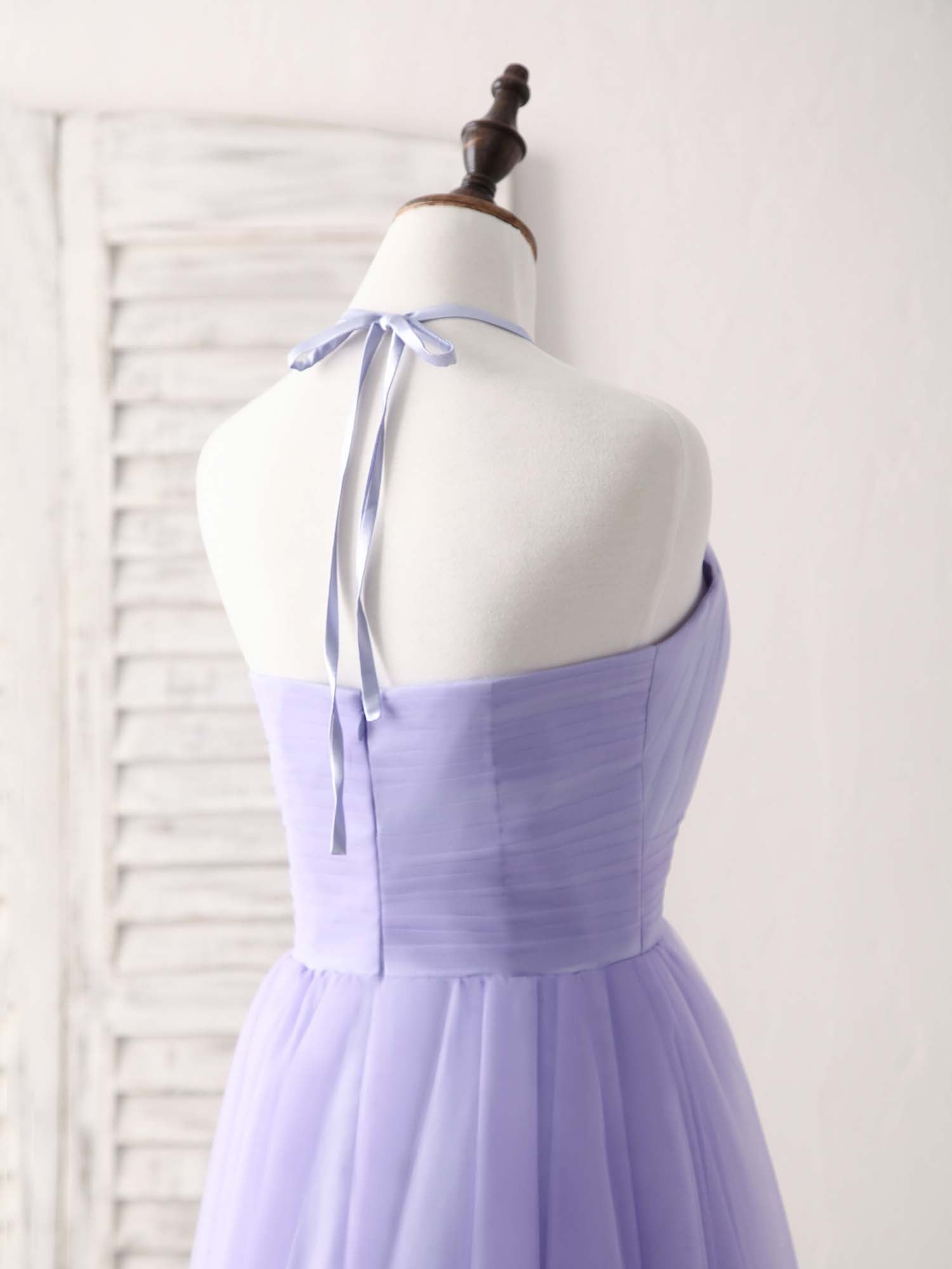 A-line Halter Neck Tea-Length Tulle Homecoming Dress with Ruched Waist