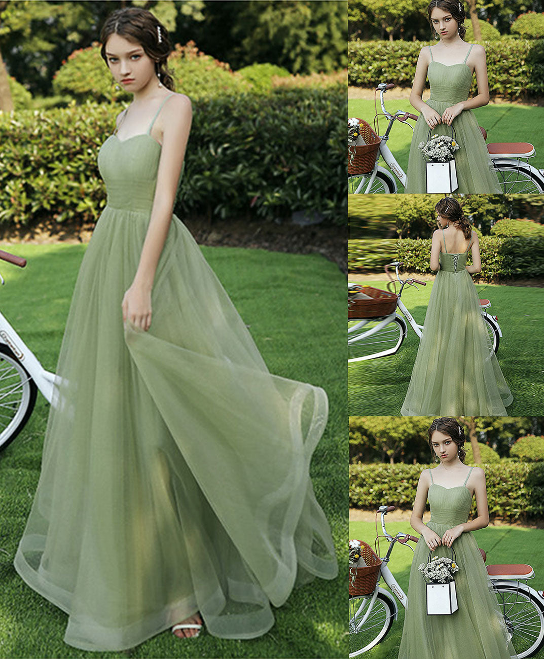 A-Line Sweetheart Neck Floor-Length Tulle Prom Dress in Sage Green