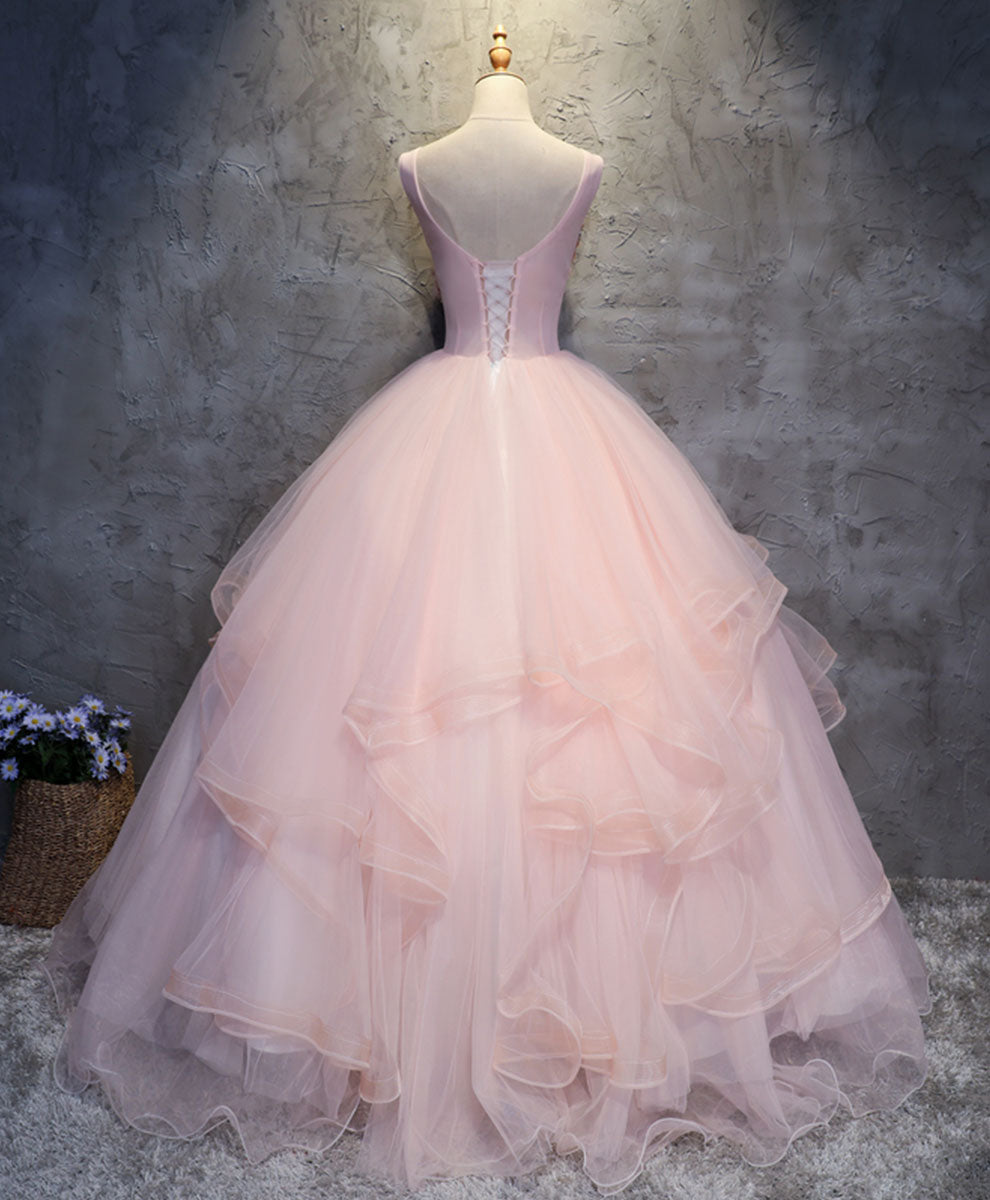 Ball Gown Scoop Neck Floor-Length Blush Tulle Prom Dress with 3D Floral Lace Appliqué