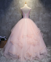 Ball Gown Scoop Neck Floor-Length Blush Tulle Prom Dress with 3D Floral Lace Appliqué
