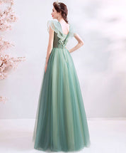 A-Line V-Neck Floor-Length Mint Green Tulle Lace Prom Dress with Floral Appliqué