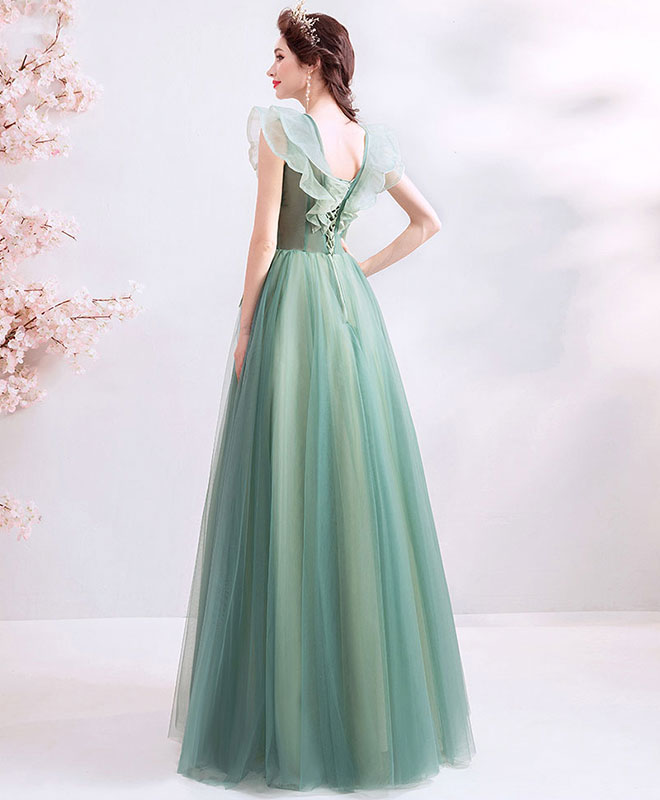 A-Line V-Neck Floor-Length Mint Green Tulle Lace Prom Dress with Floral Appliqué