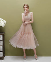 A-Line Scoop Neck Knee-Length Tulle Prom Dress in Sage Green with Tiered Skirt