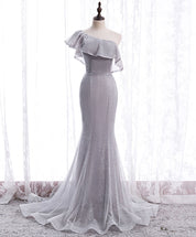 Mermaid One-Shoulder Floor-Length Silver Gray Tulle Sequin Prom Dress with Ruffle Overlay