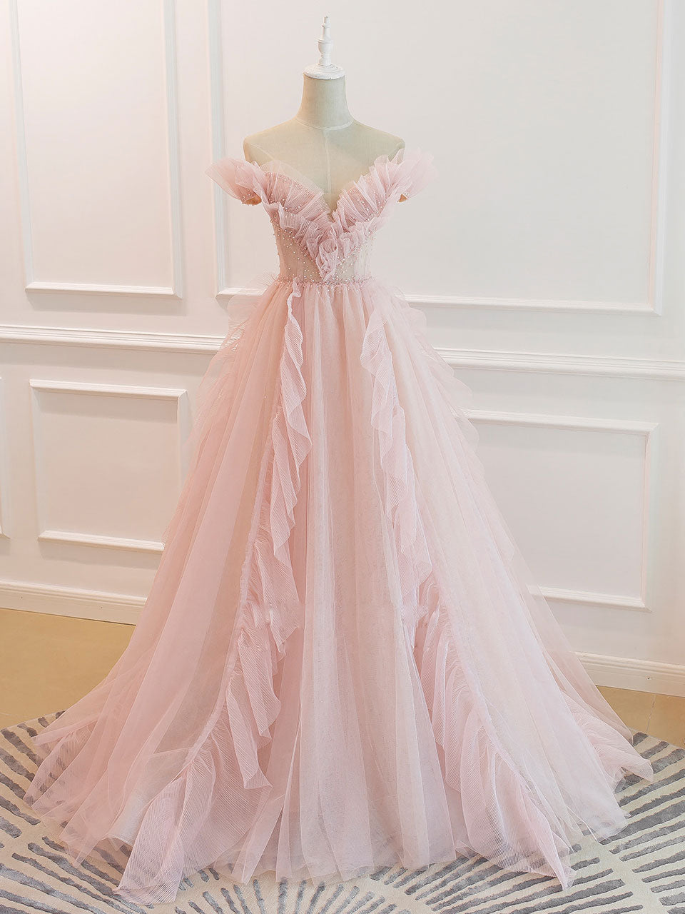 A-Line V Neck Off-the-Shoulder Floor-Length Tulle Beaded Prom Dress