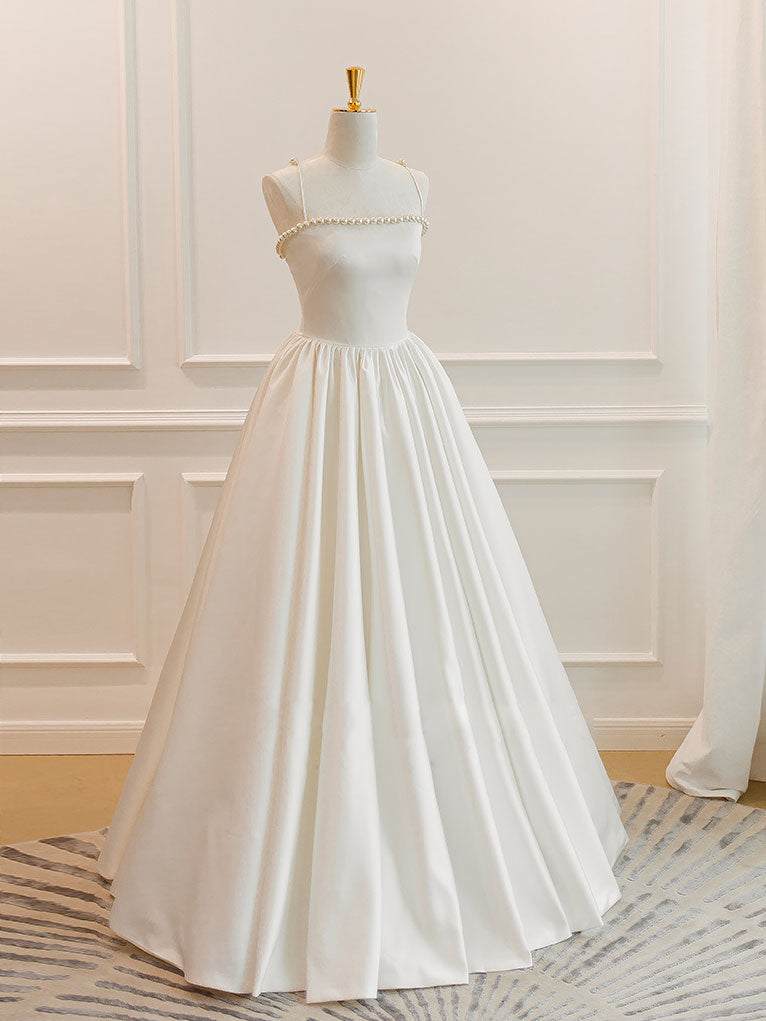 A-Line Ivory Square Neck Floor-Length Satin Prom Dress with Pearl Beaded Trim