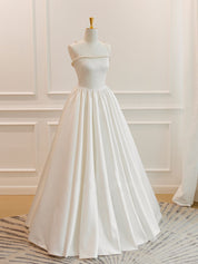 A-Line Ivory Square Neck Floor-Length Satin Prom Dress with Pearl Beaded Trim