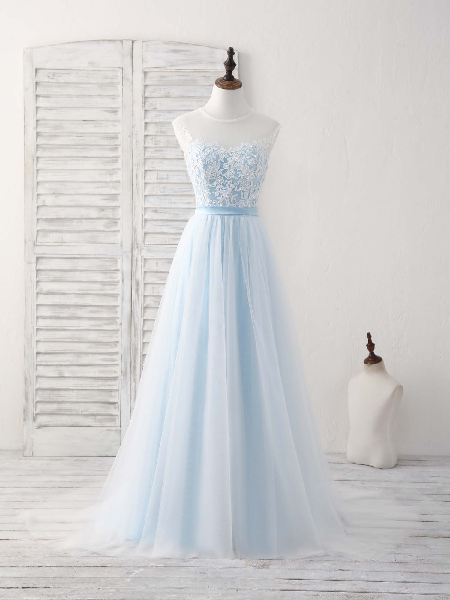 A-line Illusion Neck Floor-Length Tulle Lace Prom Dress with Floral Lace Bodice