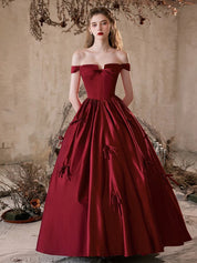 A-Line Off Shoulder Satin Burgundy Long Prom Dress, Burgundy Formal Dress