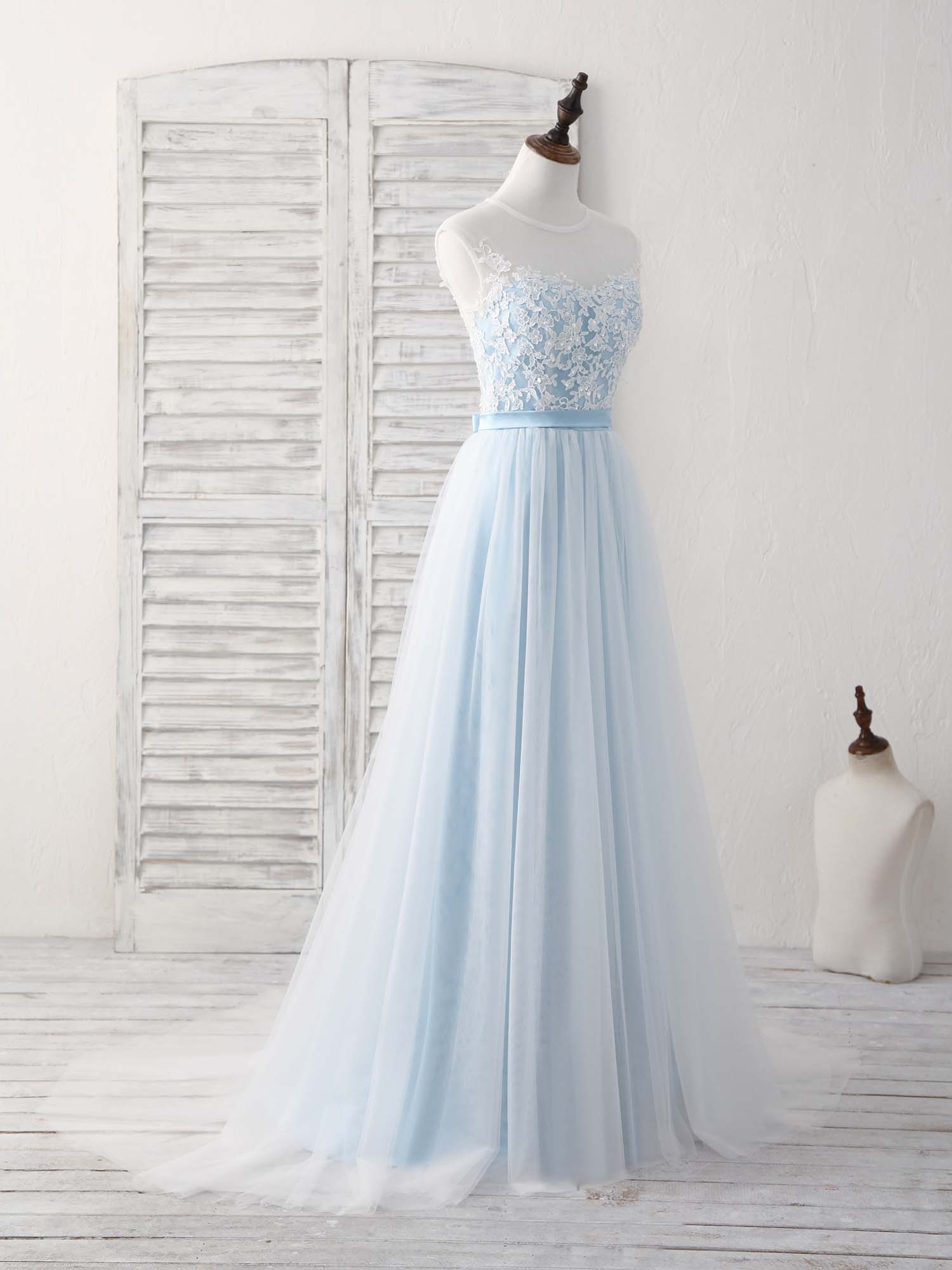 A-line Illusion Neck Floor-Length Tulle Lace Prom Dress with Floral Lace Bodice