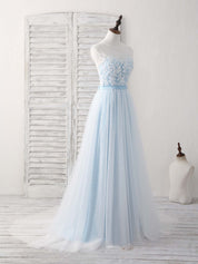 A-line Illusion Neck Floor-Length Tulle Lace Prom Dress with Floral Lace Bodice