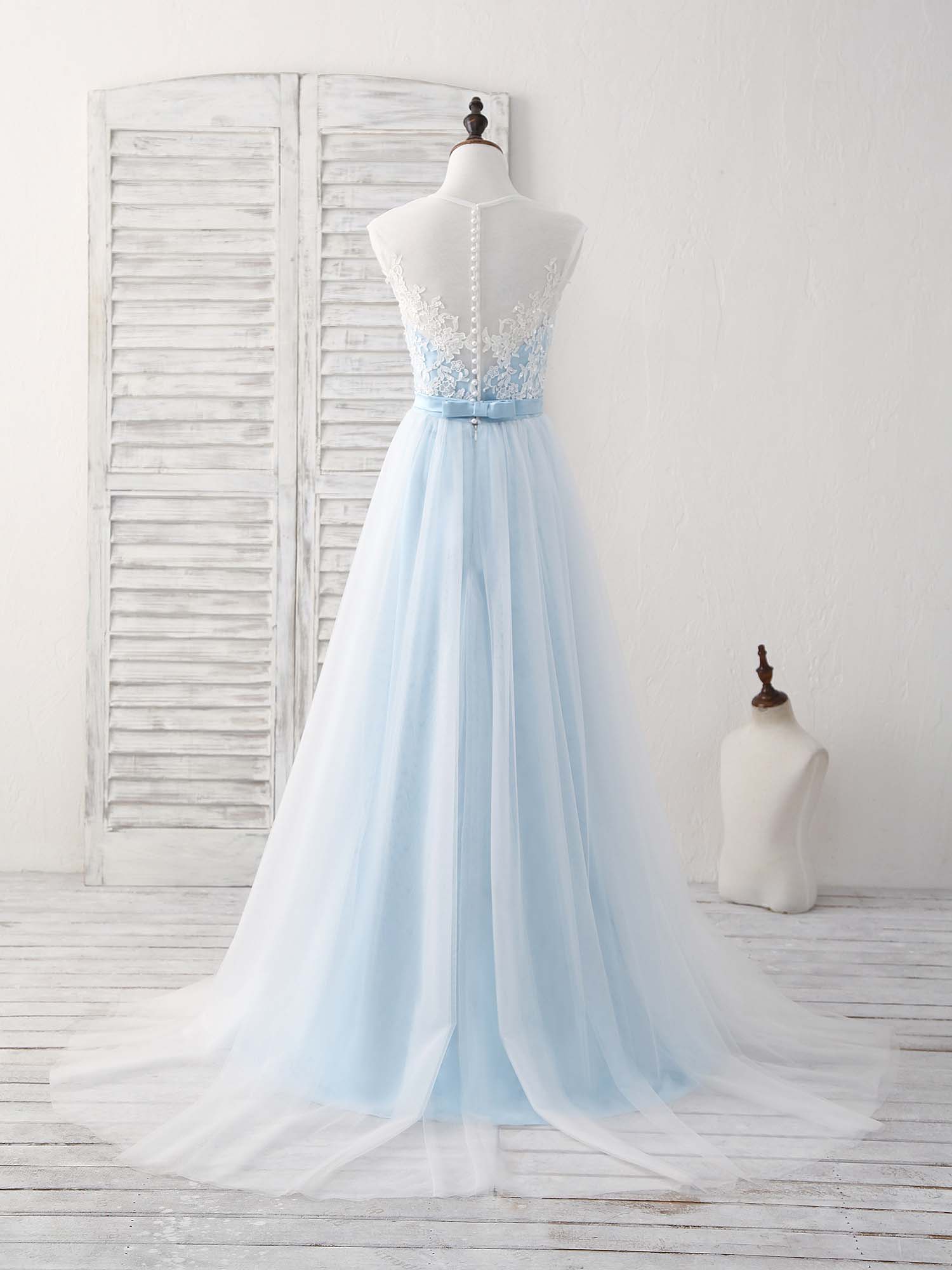 A-line Illusion Neck Floor-Length Tulle Lace Prom Dress with Floral Lace Bodice