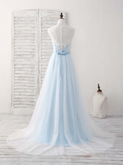 A-line Illusion Neck Floor-Length Tulle Lace Prom Dress with Floral Lace Bodice