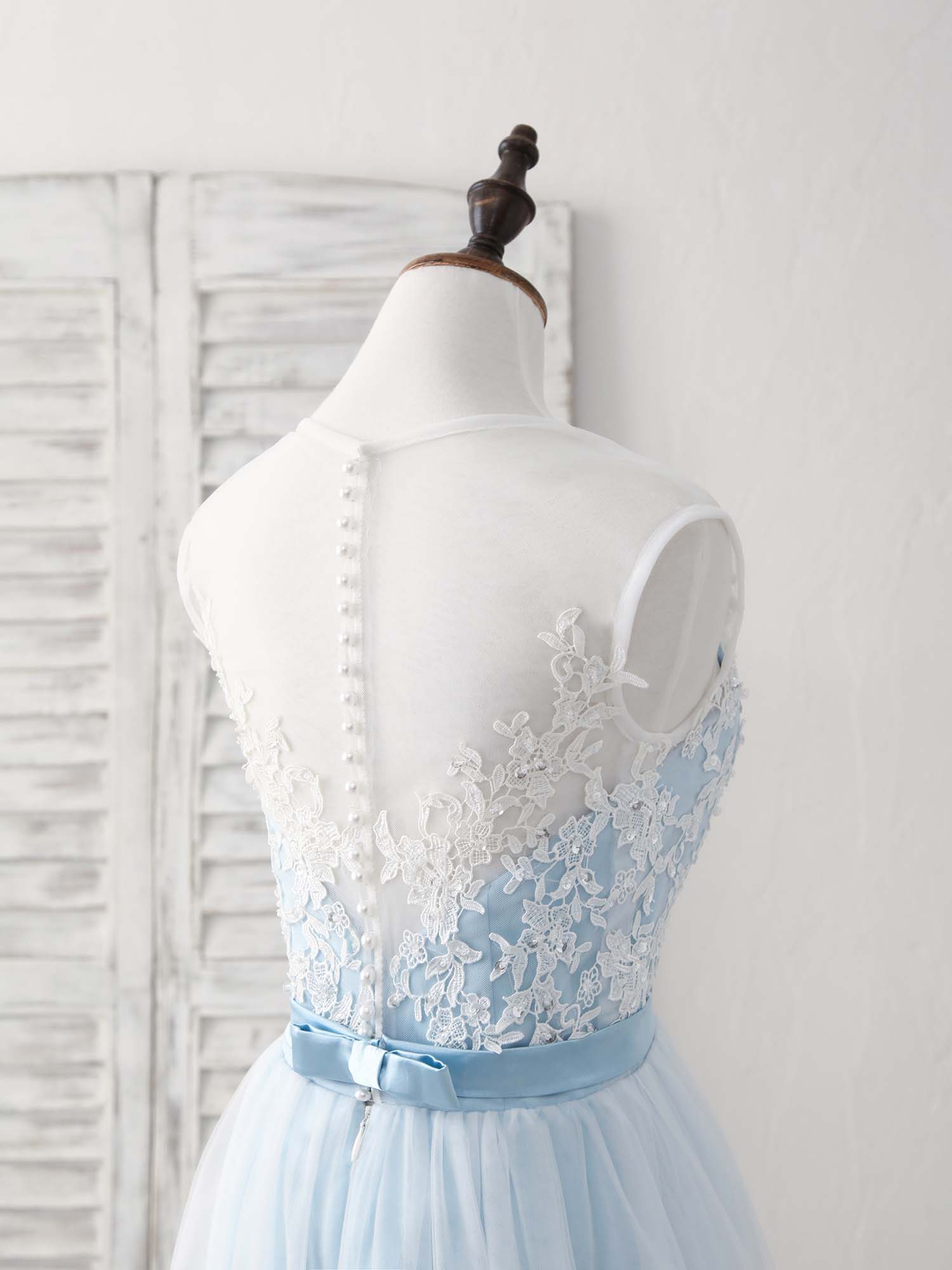 A-line Illusion Neck Floor-Length Tulle Lace Prom Dress with Floral Lace Bodice