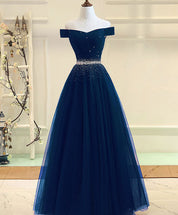 A-Line Off-the-Shoulder Floor-Length Tulle & Beaded Prom Dress with Crystal Waist