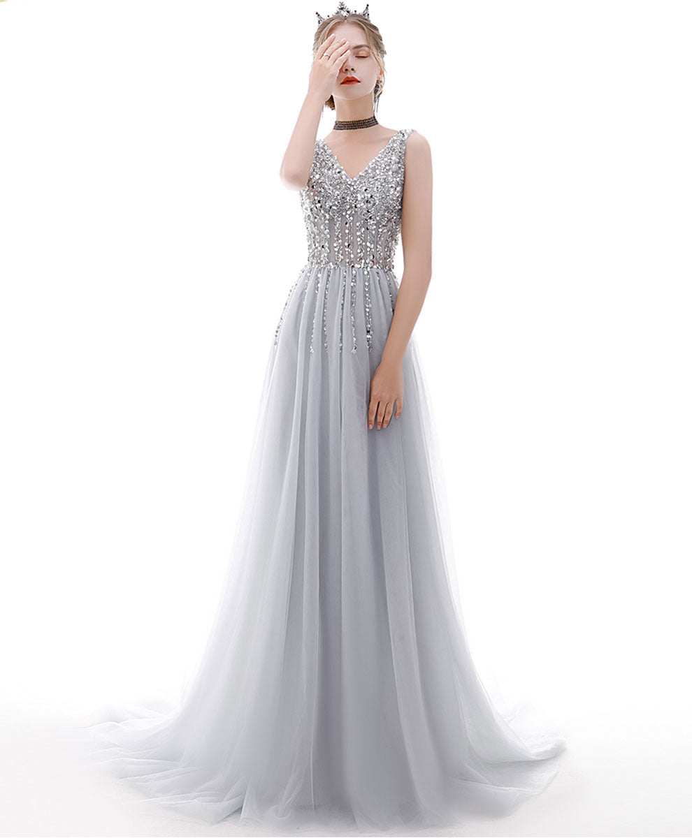 A-Line Silver Gray V-Neck Floor-Length Tulle Sequin Prom Dress with Beaded Bodice