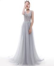 A-Line Silver Gray V-Neck Floor-Length Tulle Sequin Prom Dress with Beaded Bodice