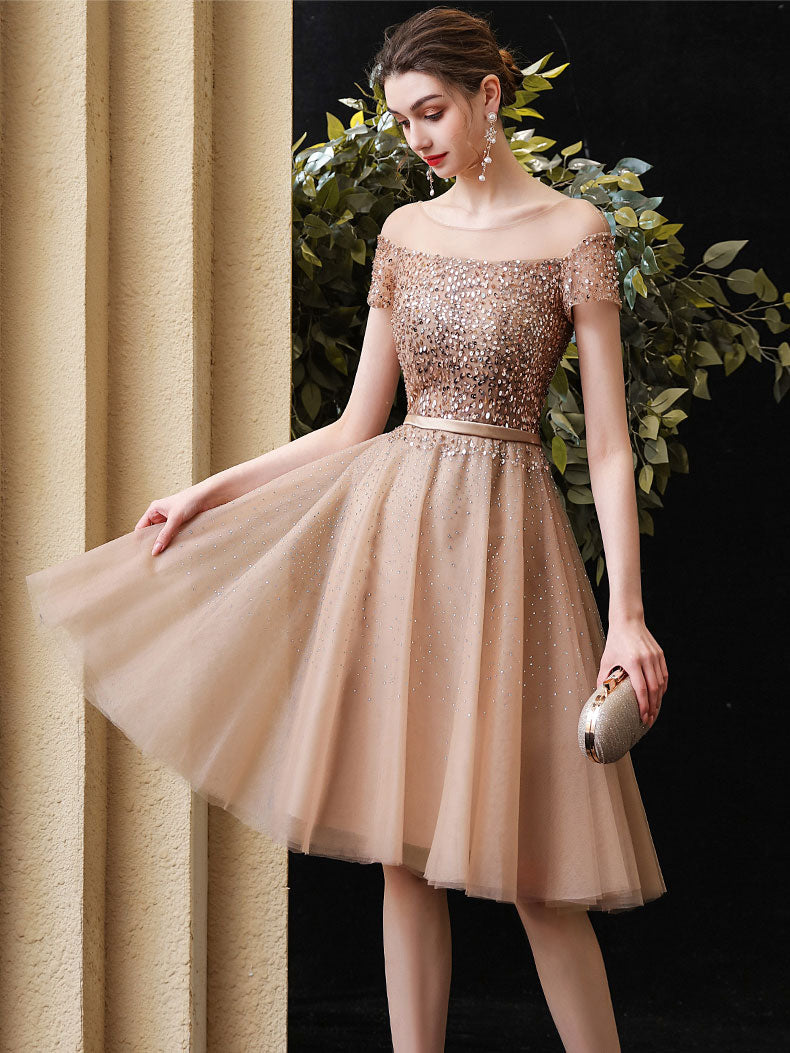 A-Line Illusion Off-the-Shoulder Knee-Length Champagne Tulle Homecoming Dress with Allover Beading