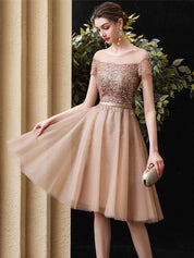 A-Line Illusion Off-the-Shoulder Knee-Length Champagne Tulle Homecoming Dress with Allover Beading