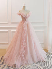 A-Line V Neck Off-the-Shoulder Floor-Length Tulle Beaded Prom Dress