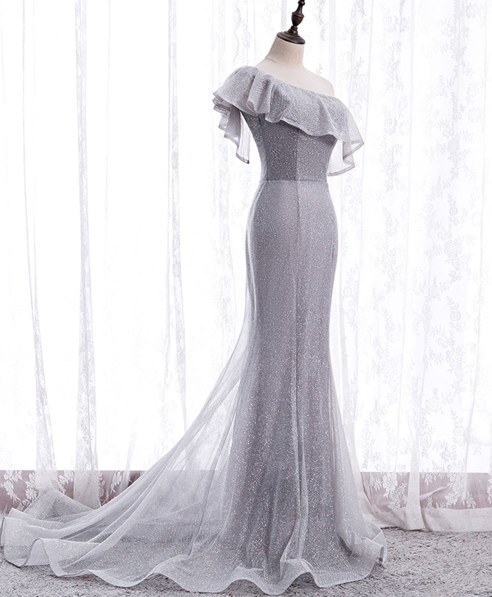Mermaid One-Shoulder Floor-Length Silver Gray Tulle Sequin Prom Dress with Ruffle Overlay