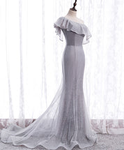 Mermaid One-Shoulder Floor-Length Silver Gray Tulle Sequin Prom Dress with Ruffle Overlay