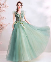 A-Line V-Neck Floor-Length Mint Green Tulle Lace Prom Dress with Floral Appliqué