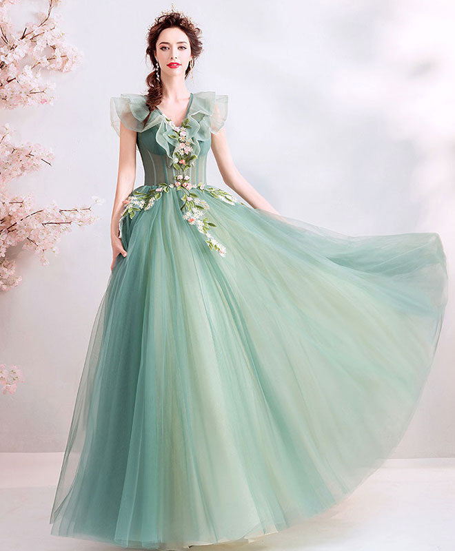A-Line V-Neck Floor-Length Mint Green Tulle Lace Prom Dress with Floral Appliqué